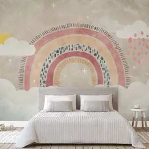 Grandeco Rainbow and Clouds 7 panel Wallpaper Mural 2.8 x 3.71m, Neutral Pink