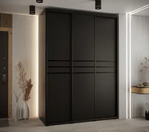 Sleek Black Sliding Door Wardrobe W170cm H205cm D60cm - Modern Storage Solution for Compact Spaces