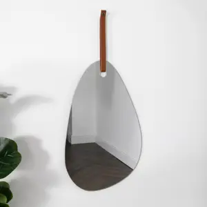 Pebble Shaped Mirror with Brown Leather Hanging Strap