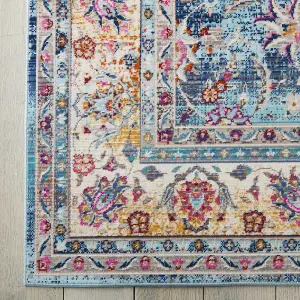 Blue Luxurious Traditional Persian Easy to Clean Floral Rug For Dining Room-183cm X 183cm