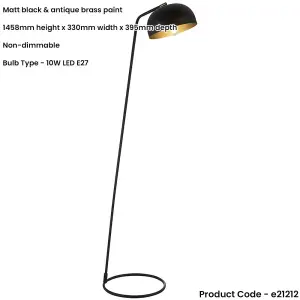 1458mm Floor Lamp - Matt Black & Antique Brass Sleek Industrial Slim - Standing LED Light Base & Shade