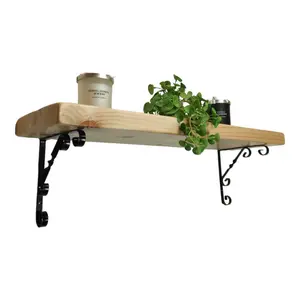 Solid Wood Handmade Rustical Shelf Primed 225mm 9 inch with Black Metal Bracket WO Length of 50cm