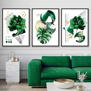 Abstract Green and Gold Floral Wall Art Prints / 42x59cm (A2) / White Frame