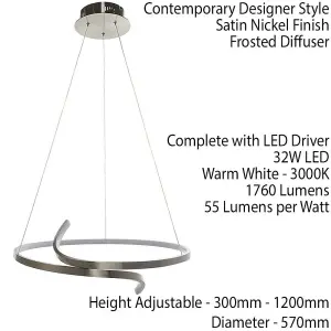 LED Ceiling Pendant Light 32W Warm White Satin Nickel Loop Feature Strip Lamp