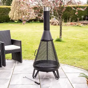 Black Miami Chimenea - Metal Outdoor Garden Patio Log Wood Burner Fire Pit Bowl with Stainless-Steel Flue Cap - Large, H150 x 58cm