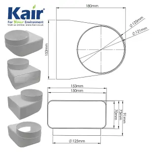 Kair Elbow Bend Adaptor 150mm x 70mm to 125mm - 5 inch Rectangular to Round 90 Degree Bend Adapter