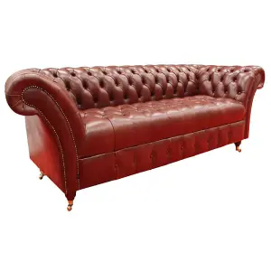 Chesterfield 3 Seater Old English Chestnut Leather Buttoned Seat Sofa In Balmoral Style