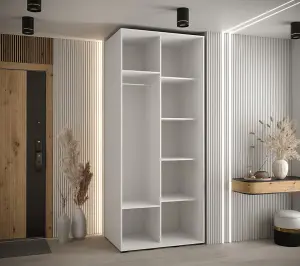 Elegant White Cannes XIII Mirrored Sliding Wardrobe H2050mm W1200mm D600mm with Custom Black Steel Handles and Decorative Strips