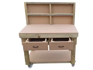 Wooden MDF top workbench, tool cabinet with drawers (V.1) (H-90cm, D-70cm, L-120cm) with back and wheels