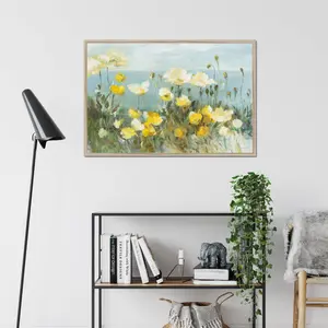 Field Of Poppies Bright Crop by Danhui Nai - Painting Natural Wood Framed Paper Print / 65cm H x 95cm W