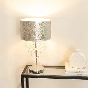 ValueLights Bonita Silver Glitter Droplet Shade Table Lamp and LED Bulb