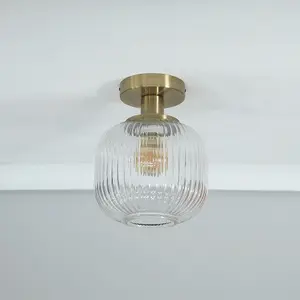 ValueLights Calpe Gold Flush Ceiling Light with Ribbed Clear Glass Shade