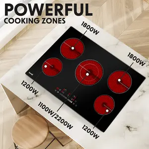 77cm 8200W 5 Zone Electric Ceramic Hob with Touch Control - Sleek Black Glass Design