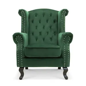 Velvet Wing Back Fireside Henley Chair Armchair with Buttons Emerald Green