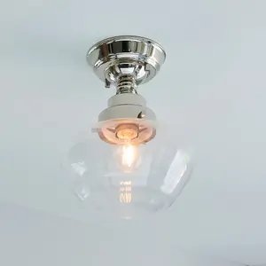 Polished Nickel Semi Flush Ceiling Light Fitting & Clear Glass Shade Low Profile