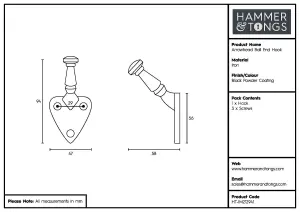 Hammer & Tongs - Arrowhead Ball End Hook - W45mm x H95mm - Black