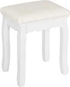 Dressing Table Stool. White Padded Vanity Stool. Make-Up Chair For Bedroom. Piano Stool. Pinewood Legs. Baroque Style. 37x28x44.5cm - Woltu