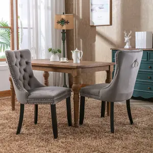 Set of 6 Lux Grey Velvet Kitchen Dining Chairs with Pull Knocker Ring Back Home Office Bedroom Chairs