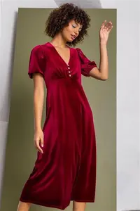 D.U.S.K Fashion Velvet Button Detail Fit & Flare Dress - Red - Casual Dresses Size 8