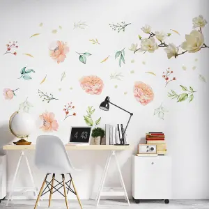 Walplus White Magnolia With Pink Watercolour Flowers Wall Stickers Mural Decal