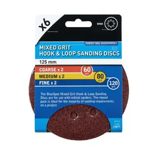 6 x Mixed Grit Hook and Loop 125mm Sanding Disc Sheets, Palm Orbital Sander Pads