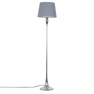 ValueLights Faulkner Modern Polished Chrome Spindle Design Floor Lamp with Grey Tapered Shade - Includes 10w LED GLS Bulb 3000K