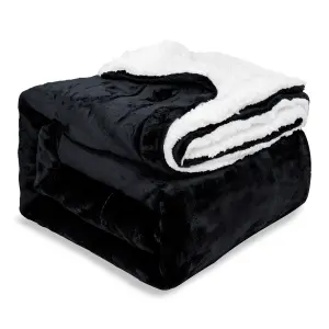 EHC Warm & Soft Sherpa Flannel Fleece Microfiber Blanket, King Size, Black - 200 cm x 240 cm