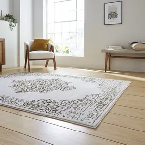 Gold Silver Traditional Abstract Bordered Easy To Clean Rug For Living Room Bedroom & Dining Room-120cm X 170cm