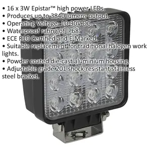 Waterproof Work Light & Mounting Bracket -48W SMD LED - 108mm Square Flash Torch