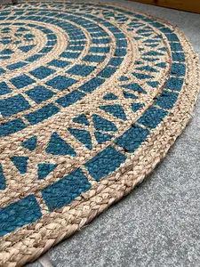 MANDALA Pattern Round Turquoise Rug with Block Print - Jute - L150 x W150