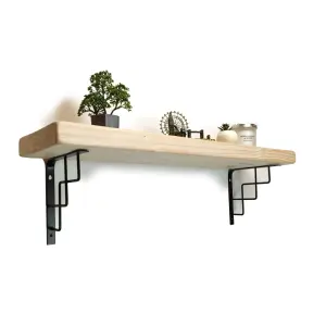 Solid Wood Handmade Rustical Shelf Unprimed 225mm 9 inch with Black Metal Bracket SQUARE Length of 60cm