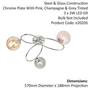 Semi Flush Multi Arm Ceiling Light - Chrome Plated - Pink Grey & Champagne Glass