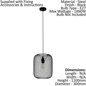 Hanging Ceiling Pendant Light Black Mesh 1 x 60W E27 Hallway Feature Lamp