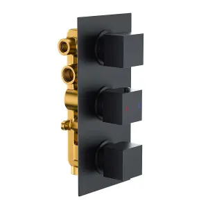 Zoia Black Triple Outlet Thermostatic Valve with Square Controls & Slide Rail Kit, Bath Filler, Showerhead & Arm