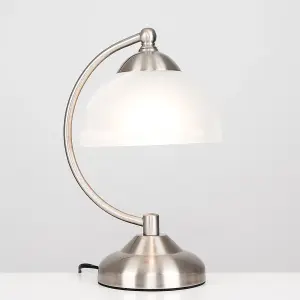 ValueLights Stamford Curved Brushed Chrome and Frosted Glass Bedside Table Lamp