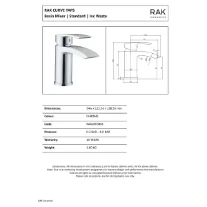 RAK Curve Polished Chrome Modern Basin Sink Mixer Tap Solid Brass