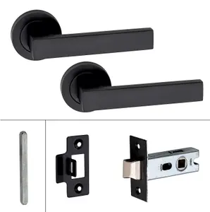 6 Set Delta Design Door Handle On Round Rose Latch Door Handles with 2.5" Tubular Latch Matt Black Finish - GG