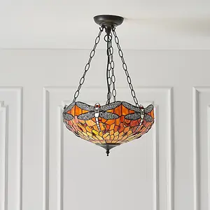 Luminosa Dragonfly Tiffany 3 Light Medium Inverted Ceiling Pendant Bronze