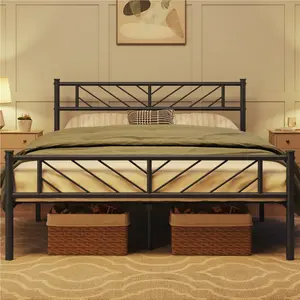 Minimalist Metal Slatted Bed Platform with Arrow Design Headboard Black / Double (4'6)