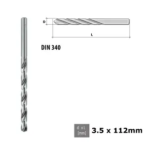 Quality Drill Bit For Metal - Fully Ground Polished HSS DIN 340 Silver - Diameter 3.5mm - Length 112mm