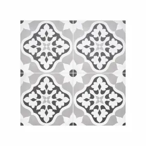 House of Mosaics Dagenham Grey & white Matt Floral Porcelain Indoor & outdoor Wall & floor Tile, Pack of 7, (L)450mm (W)450mm