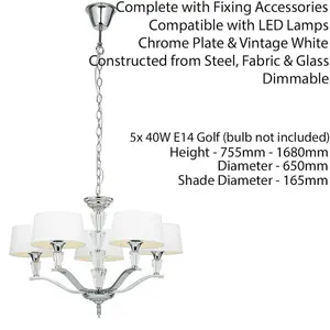 5 Light Ceiling Pendant CHROME & VINTAGE WHITE Round Shade Hanging Feature Lamp