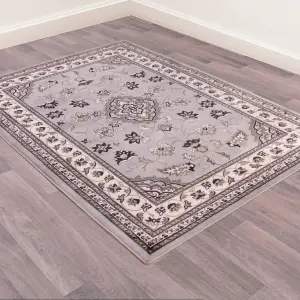 Grey Traditional Bordered Floral Rug Easy to clean Dining Room-80cm X 150cm