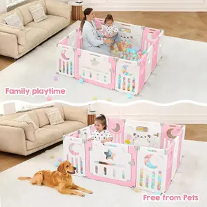 12+2 Panel Baby Foldable Playpen with Safety Gate 25 Sq.ft - Pink White