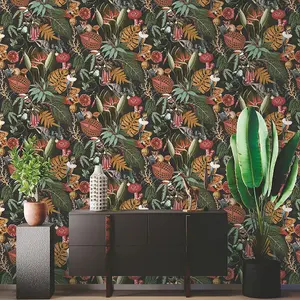 Holden Wonderland Exotic Tropical Birds Animals Rainforest Jungle Palm Wallpaper Black 91193