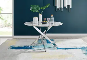 Furniturebox UK Novara White Marble 120cm Round Dining Table & 4 Navy Velvet Milan Chairs