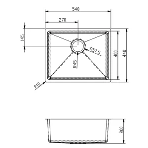 Kersin Elite Brushed Stainless Steel Undermounted 1 Bowl Sink (W) 540 x (L) 440mm
