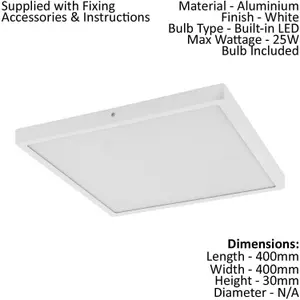 2 PACK Wall / Ceiling Light White 400mm Square Surface Mounted 25W LED 3000K