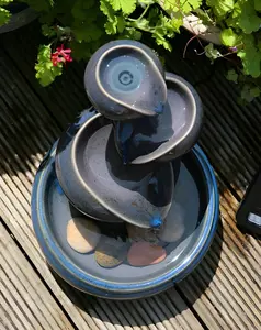 Primrose Cosmos Blue Three-Tier Oil Jar Solar Powered Ceramic Indoor Outdoor Water Feature H25cm