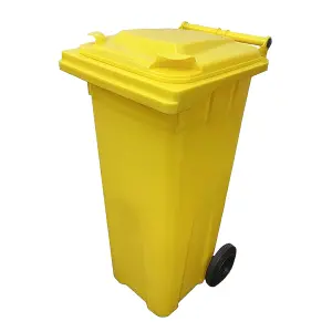 Yellow 140L Compact Sized Waste Recycling Wheelie Bins With Strong Rubber Wheels & Lid